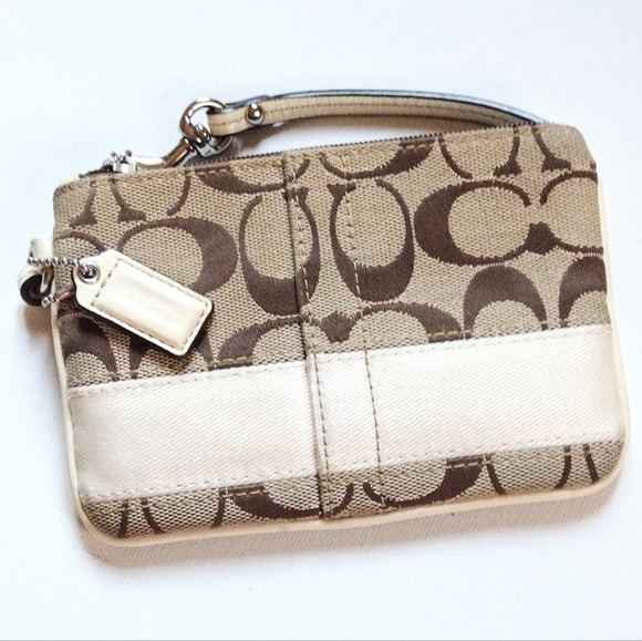 🤍 Vintage Coach Light Khaki Chalk White Signature Stripe Wristlet Y2K - Picture 3 of 7